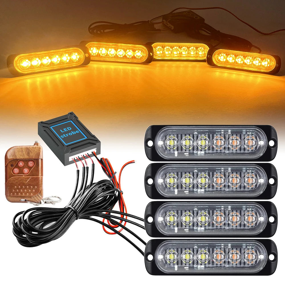 Amber LED Grille Strobe Light Emergency Warning Beacon with Remote 12V/24V